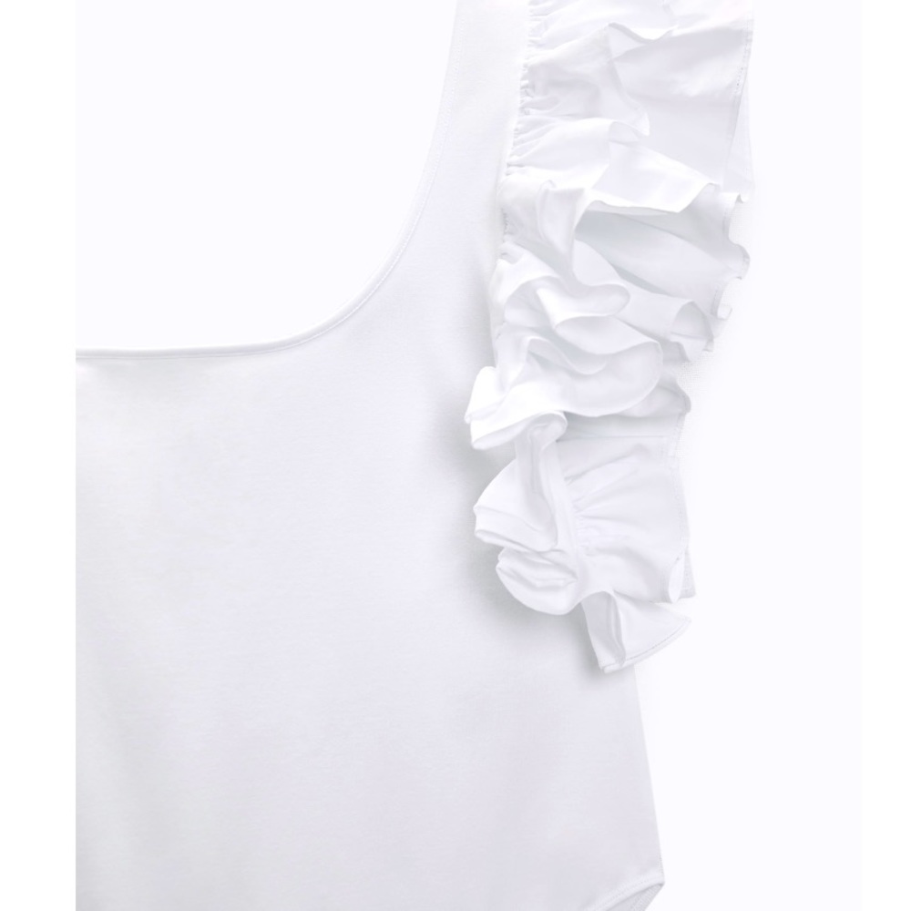 Zara white Ruffle Asymmetric Bodysuit - Picture 6 of 7